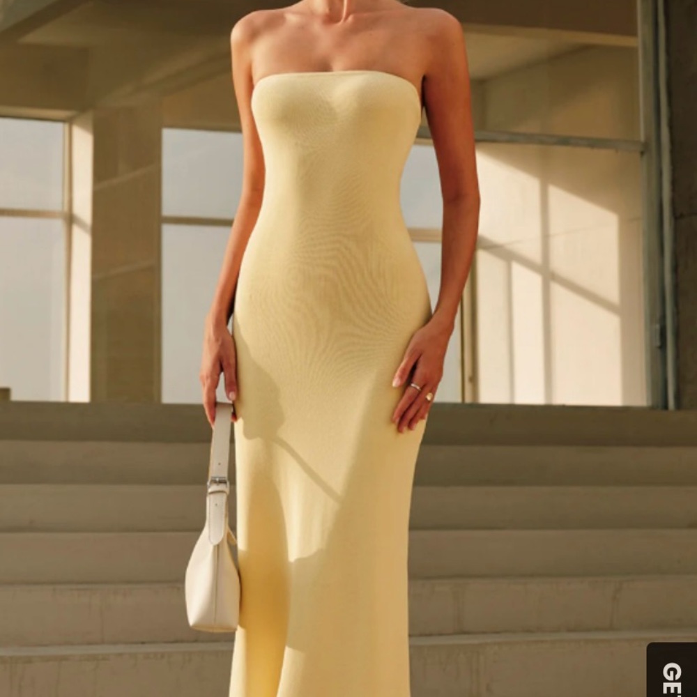 Commense Yellow Strapless Sheath Dress